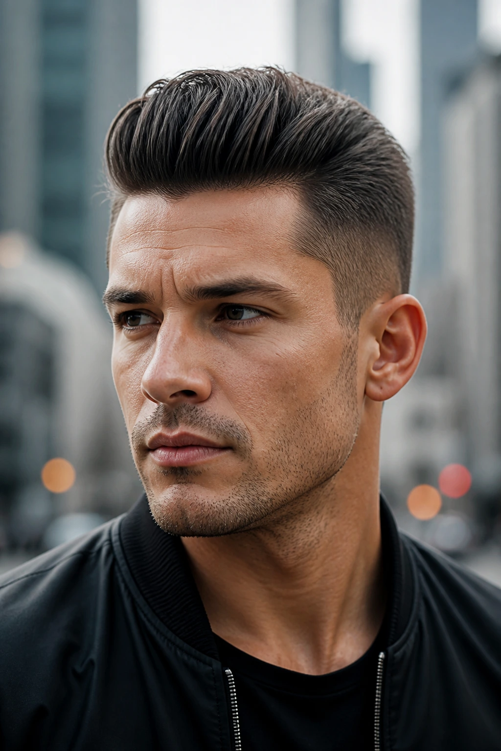 Portrait of a man with short pompadour haircut