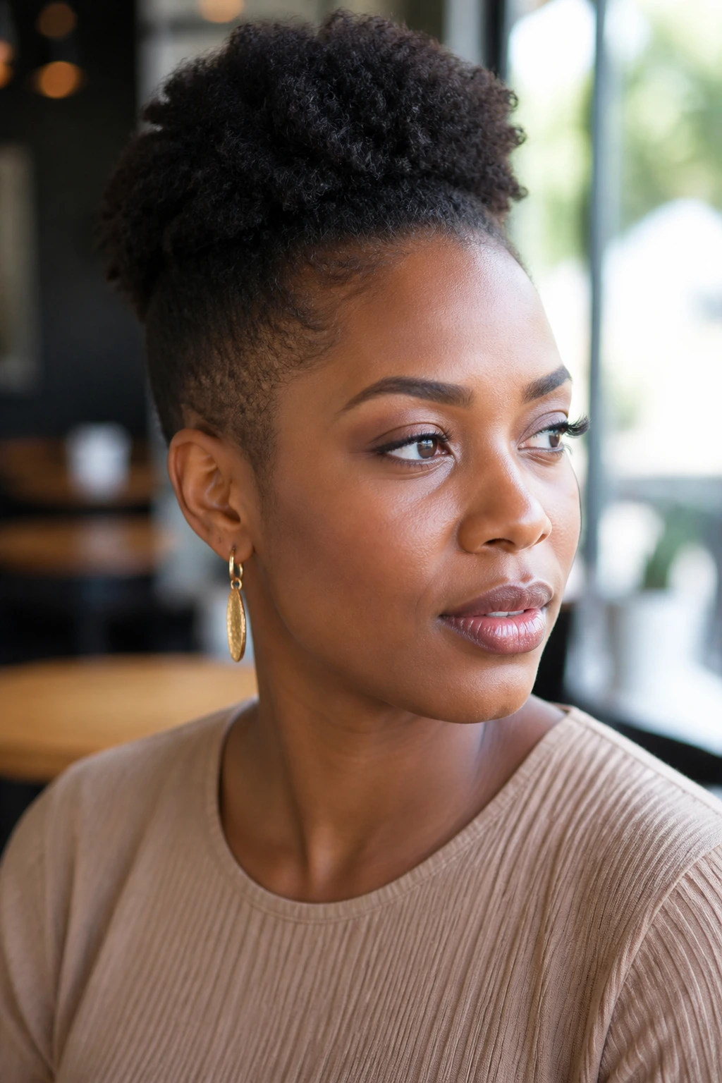 Close-up of a Black woman with a short puff and tapered sides