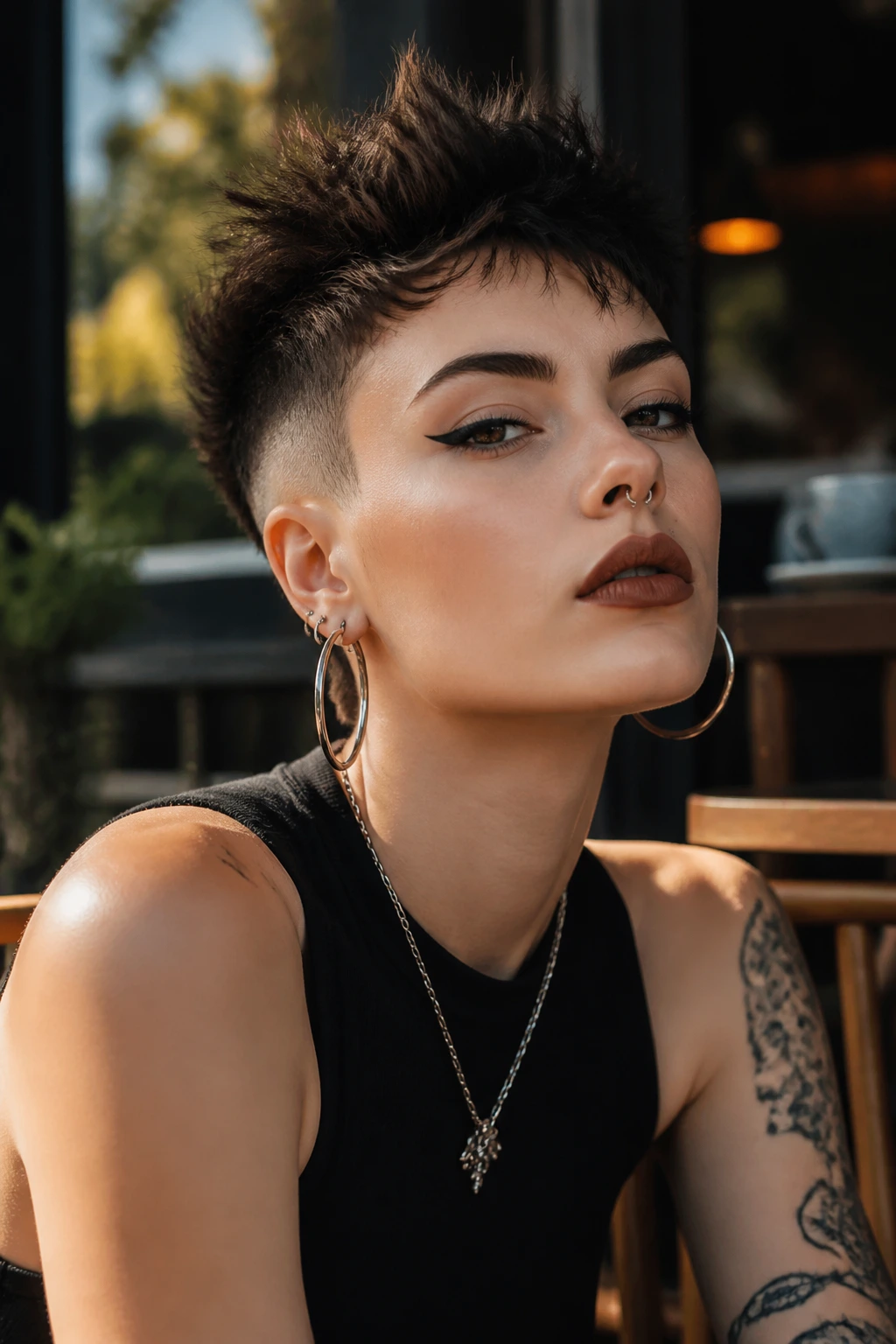 Portrait of a real woman with a short edgy haircut outdoors at a cafe