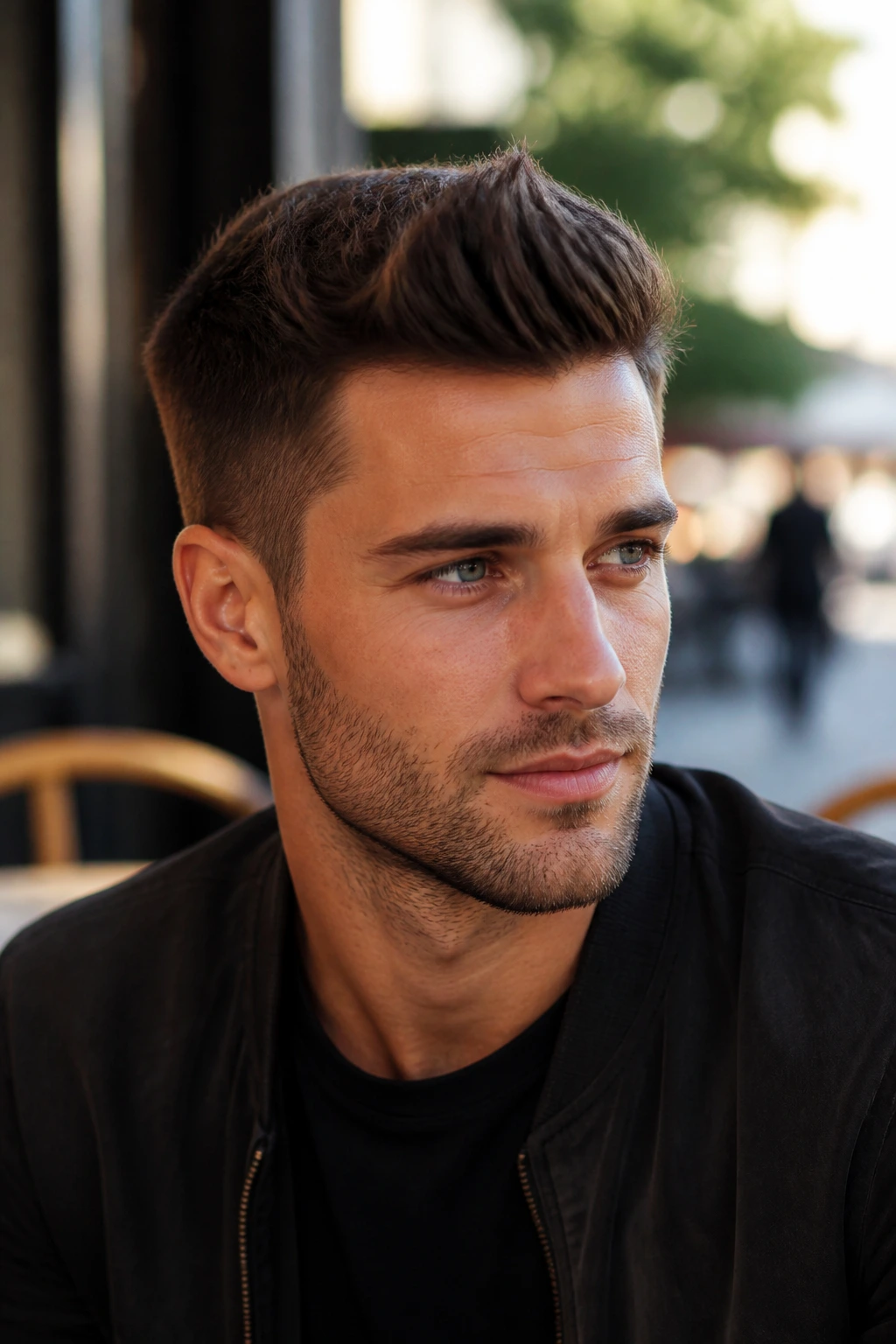 Close-up portrait of a man with a short quiff in outdoor cafe daylight