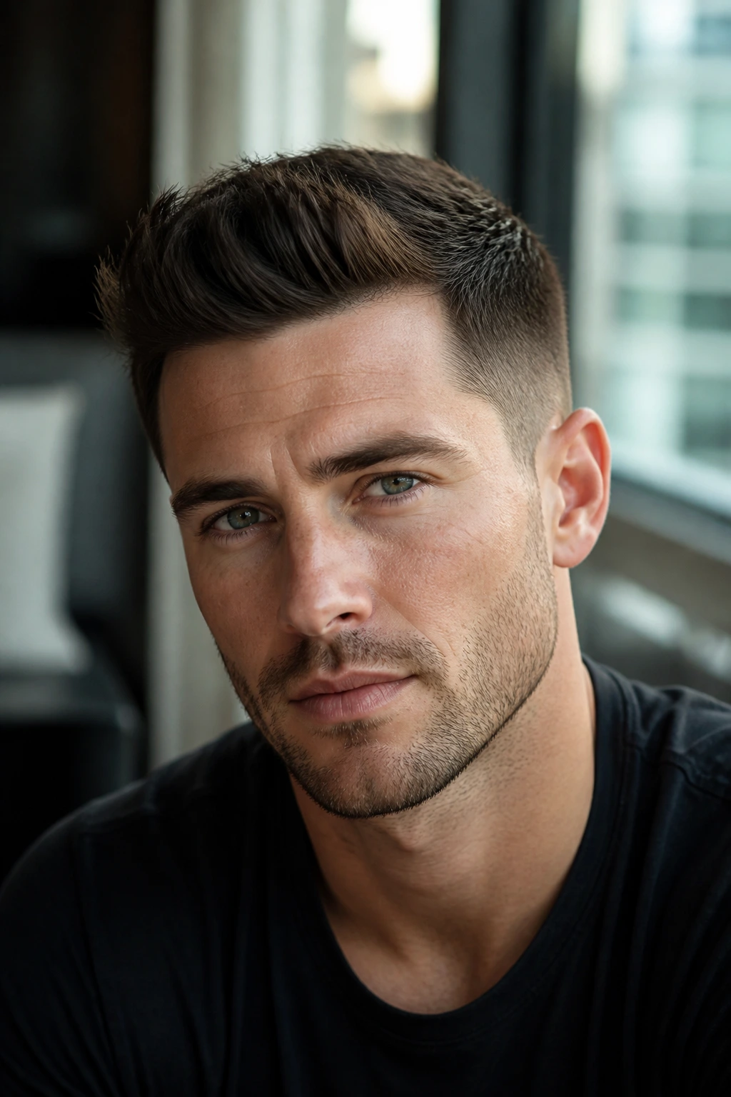 Close-up portrait of a man with a short quiff hairstyle