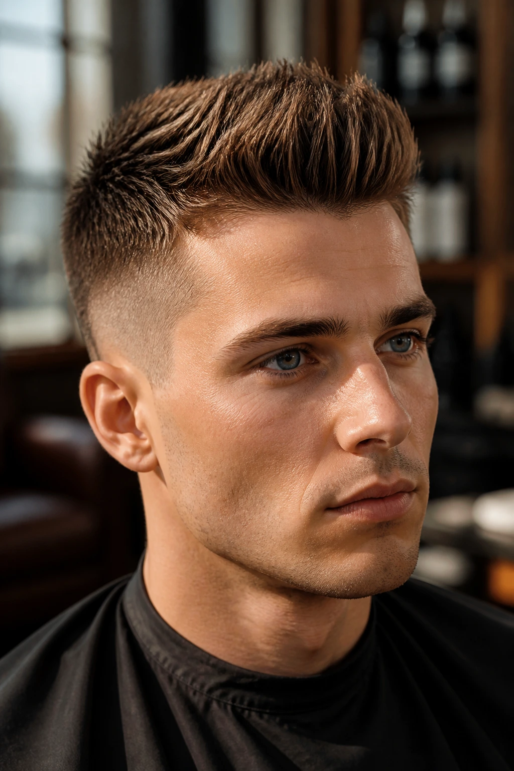 Close-up portrait of a man with a short quiff in a barbershop setting