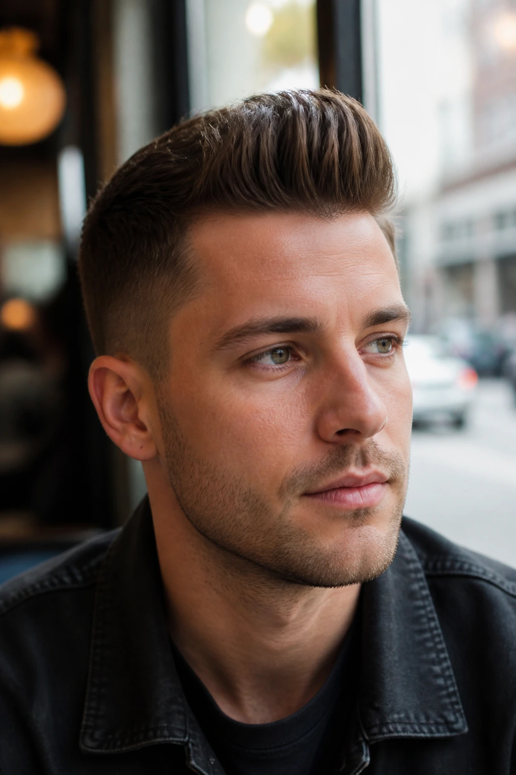 Close-up portrait of a man with a neatly styled short quiff in an urban setting