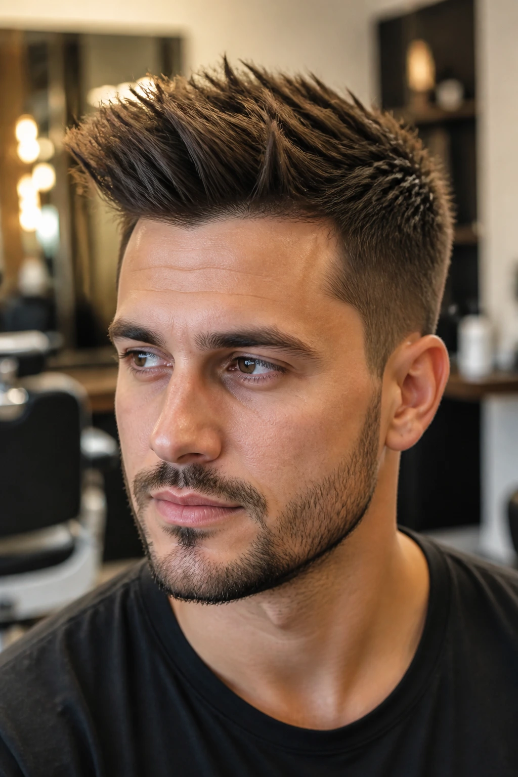 Close-up of a man with a short quiff spike hairstyle in a modern salon