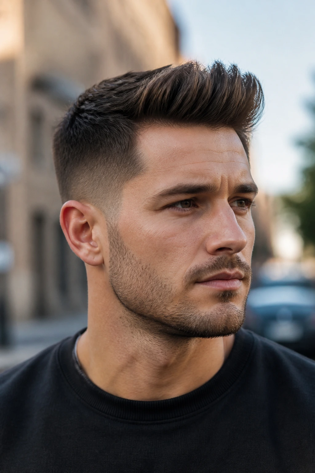 Close-up of a man with a short quiff and tapered sides outdoors