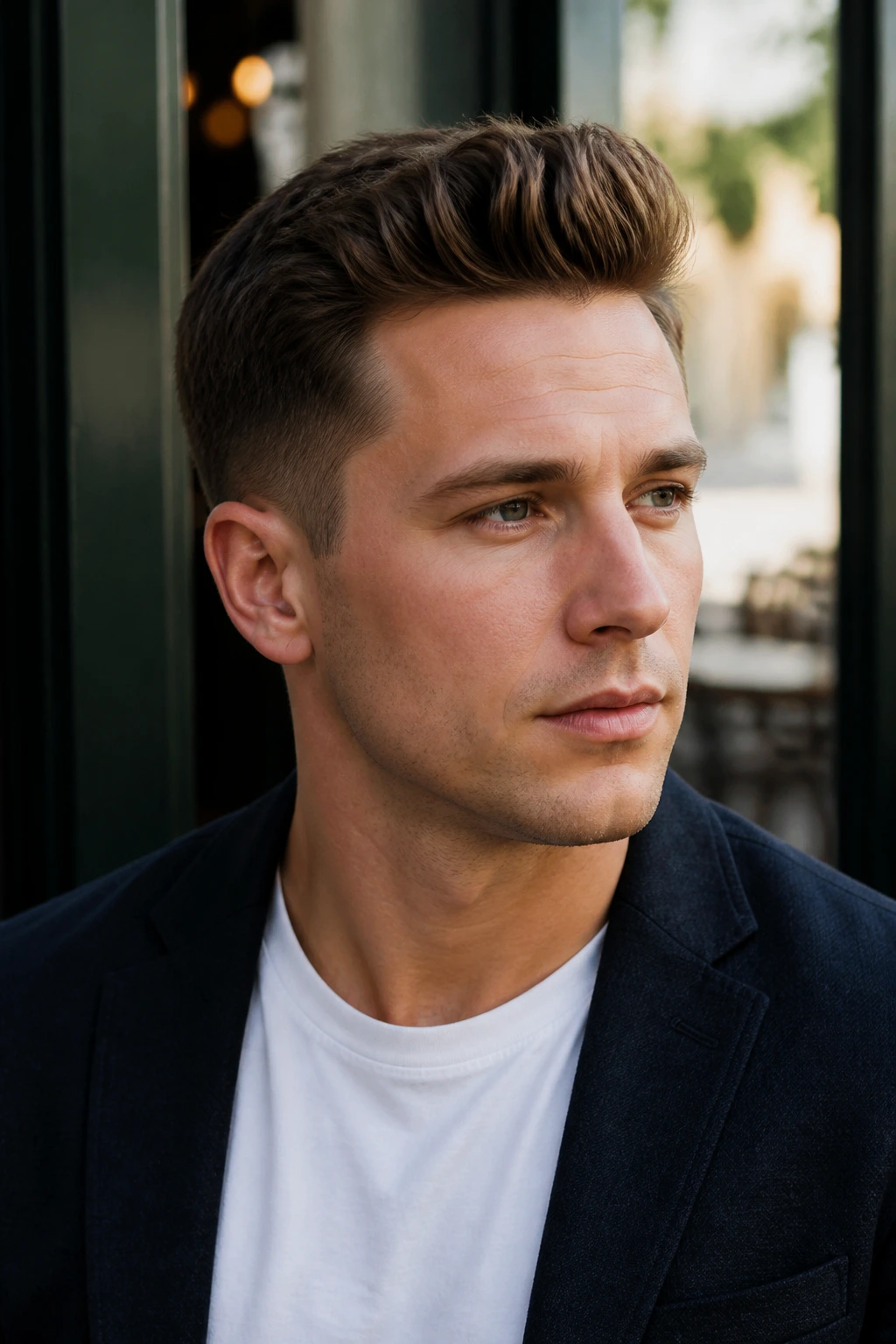 Man with short quiff hairstyle portrait in daylight street cafe setting