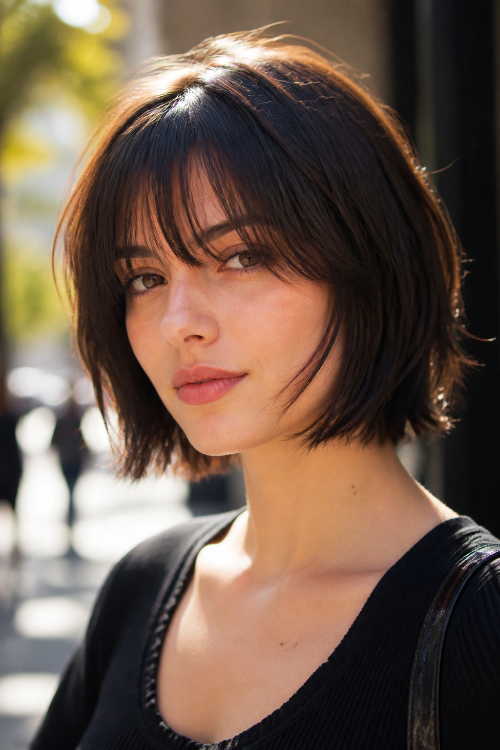 Close-up of a real woman with a short razor lob and bendable bangs on a sunlit city sidewalk