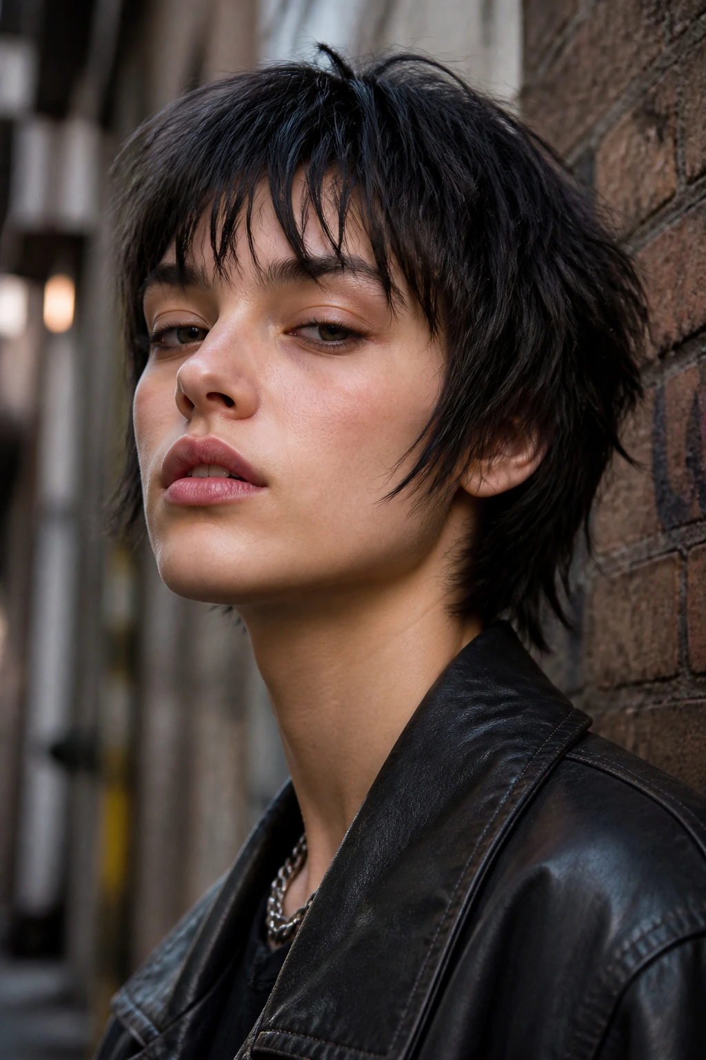 Close-up portrait of a real person with a short razor cut shag haircut