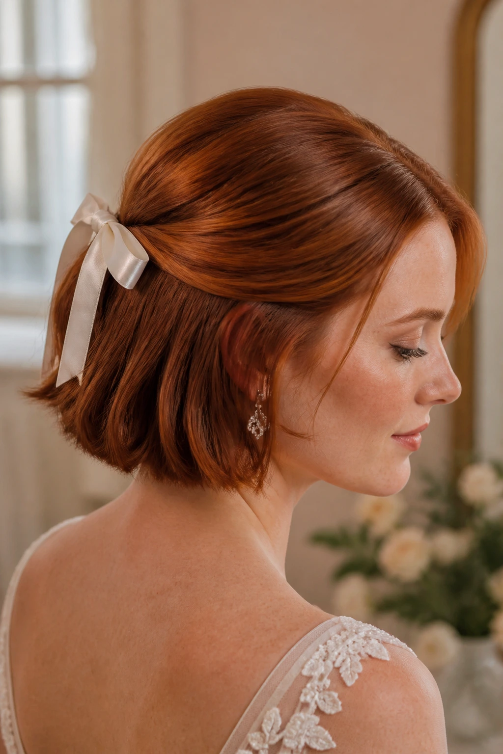 Close-up of a real woman with a satin ribbon half-back red bob hairstyle.