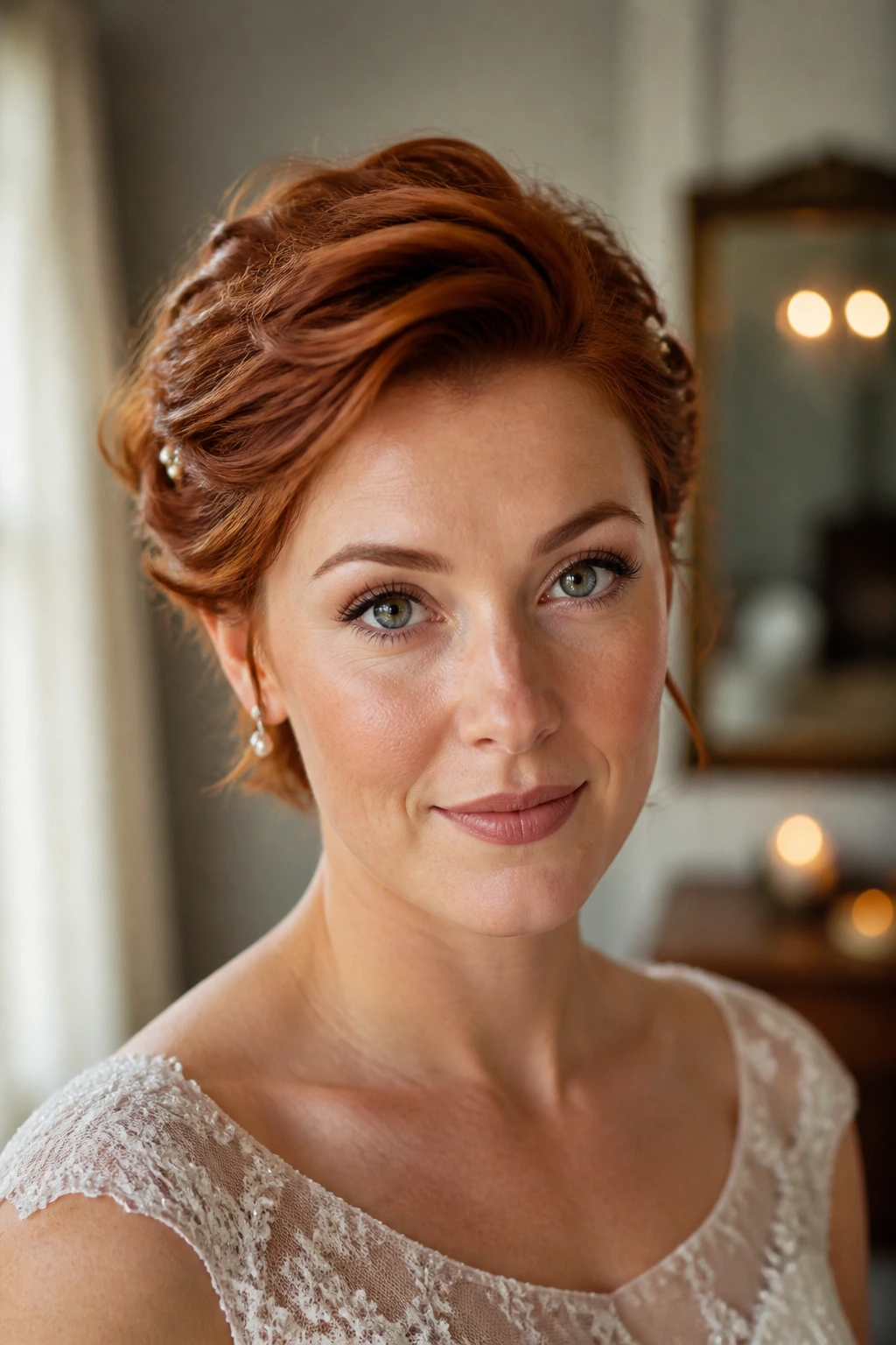 Close-up of a real bride with short red hair styled to stay in place all day