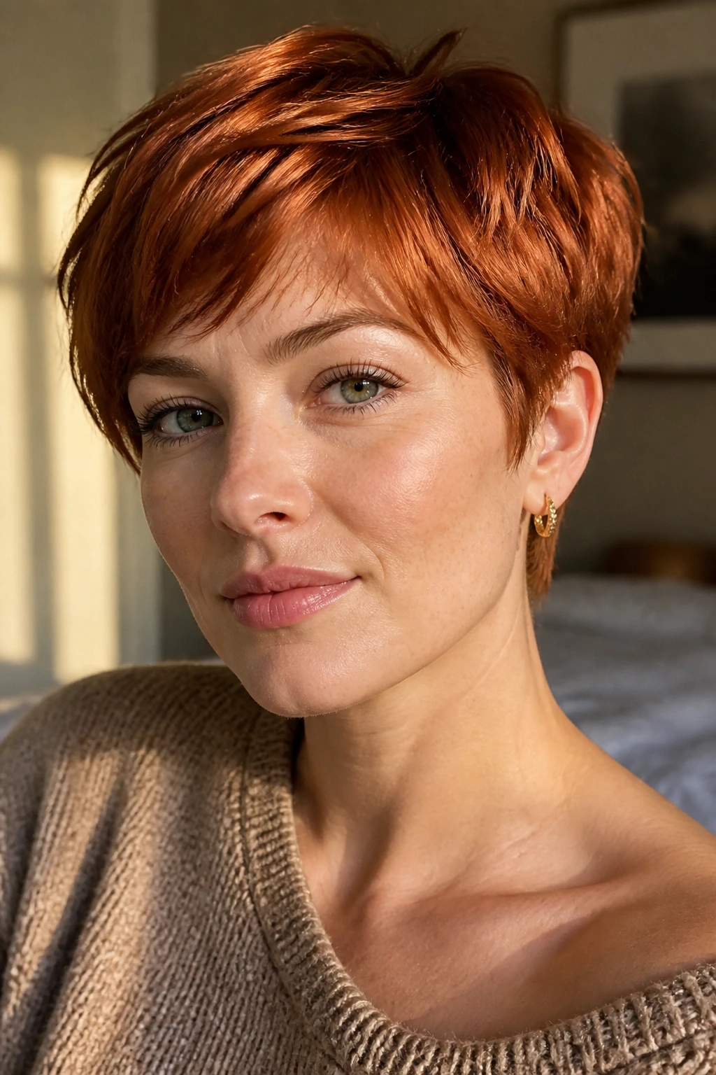 Close-up portrait of a woman with short red hair in warm window light