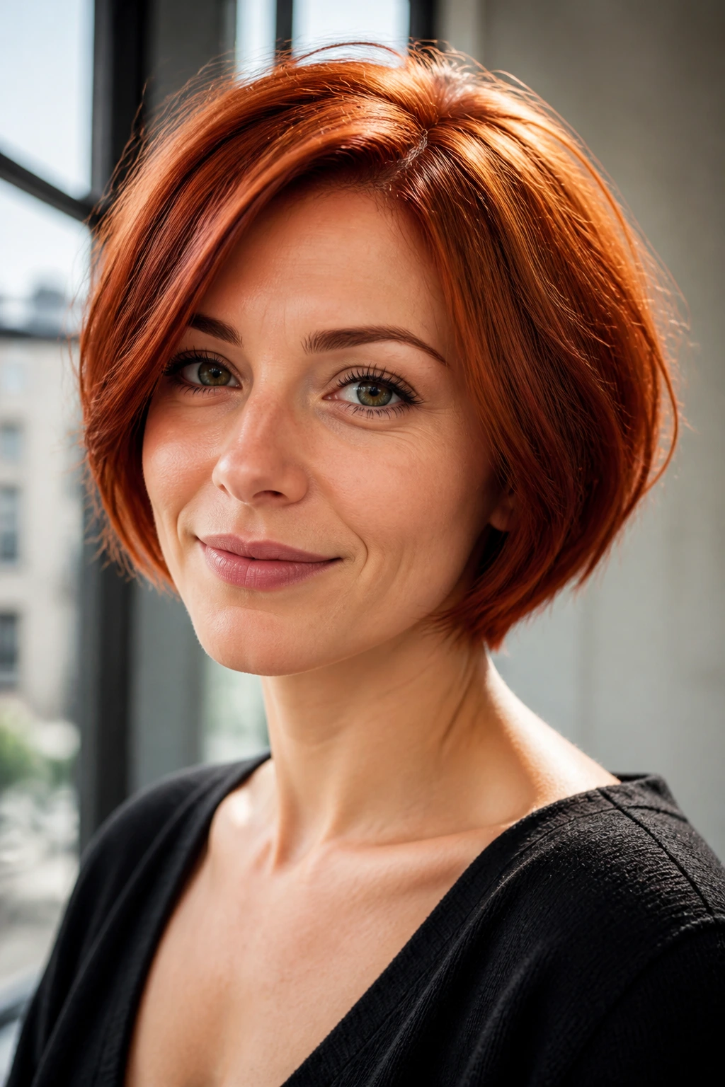Portrait of a woman with short red bob showing how red lands on short hair