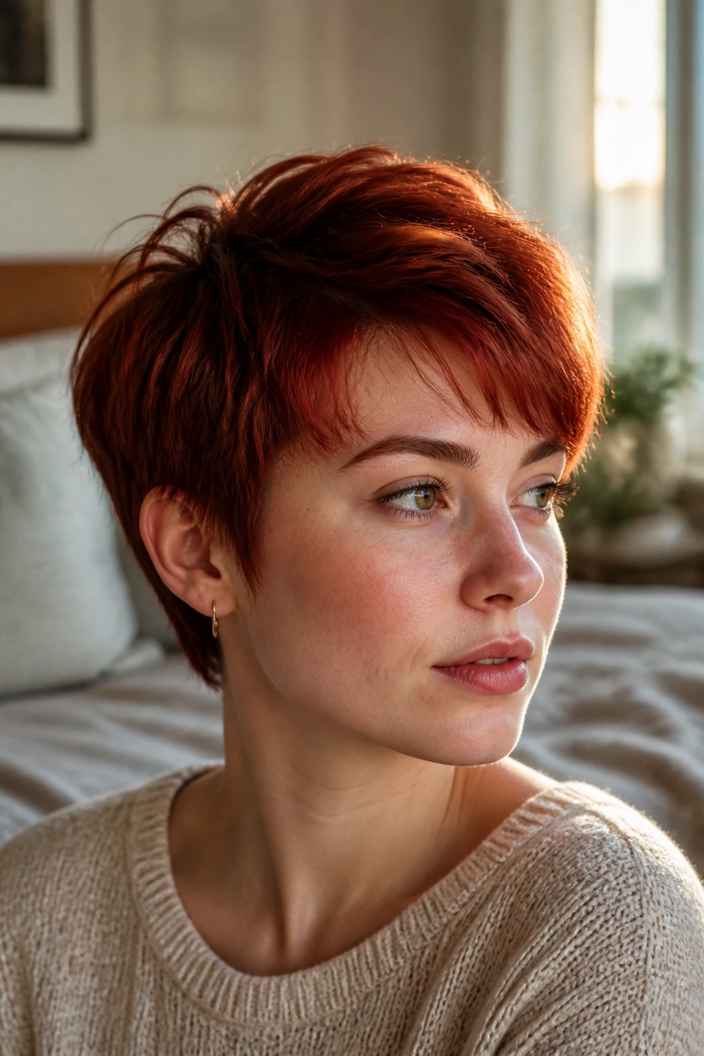 Portrait of a woman with textured short red hair showing vibrant color
