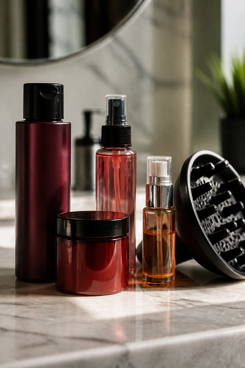 Close-up of essential tools and products for maintaining short red hair on a bathroom counter