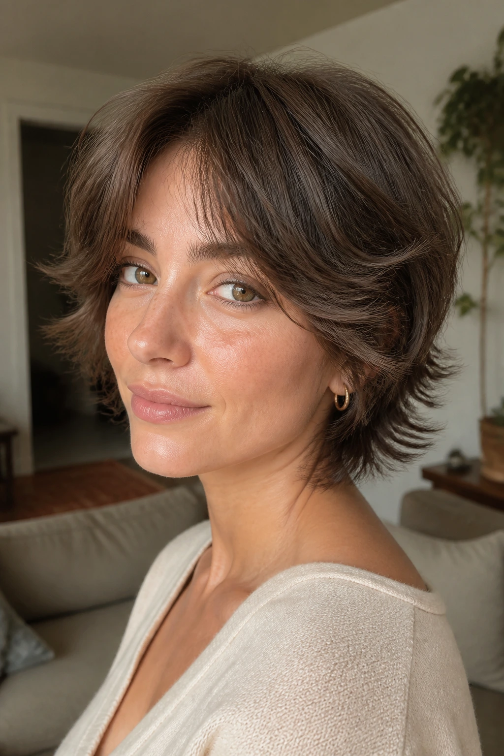 Close-up of a real person with a short shag and arched curtain bangs in warm window light.
