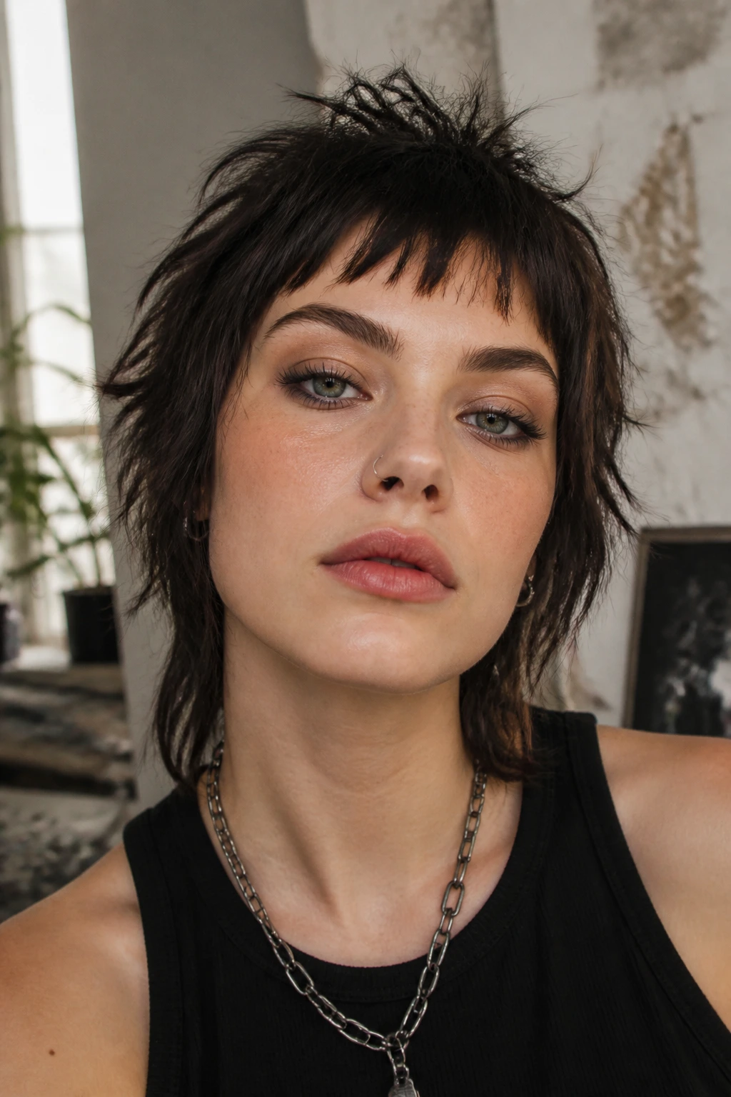 Close-up portrait of a person with short shag and baby bangs framing eyes