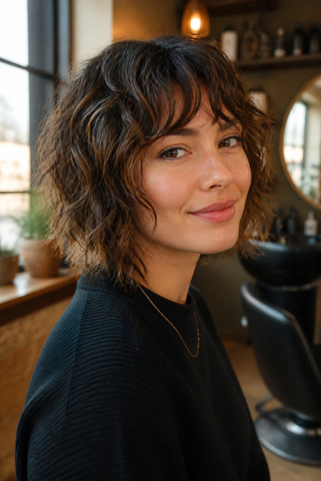 Close-up portrait of a real woman with a short shag and bangs on wavy hair in warm window light