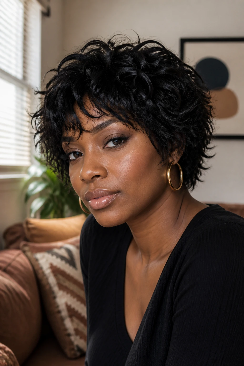 Close-up of a Black person with a short shag showing texture and movement
