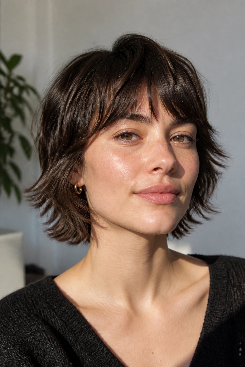 Real woman with short shag bob and feathered ends in a bright sunlit room