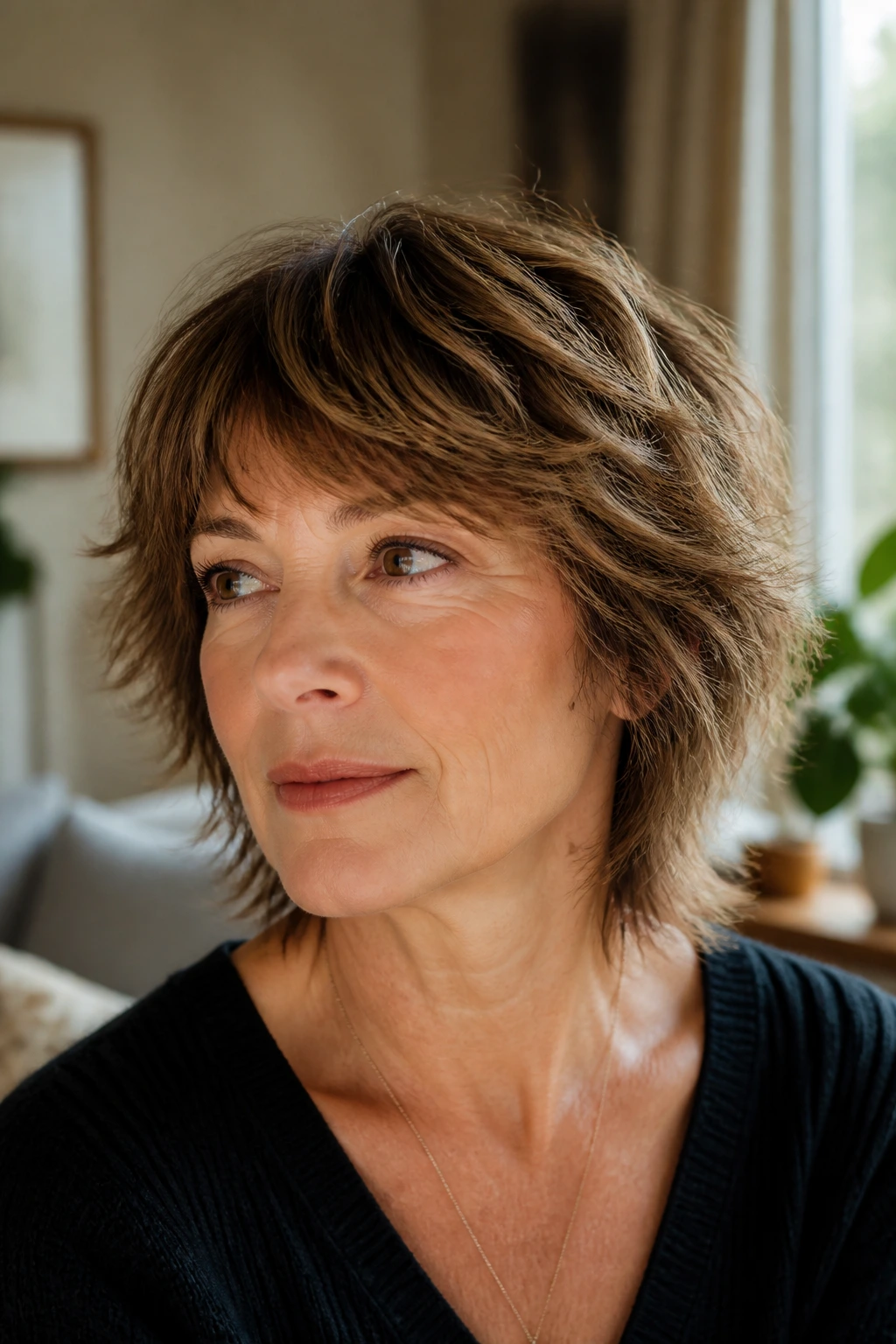 Close-up of a real woman with a short brown shag haircut in warm window light