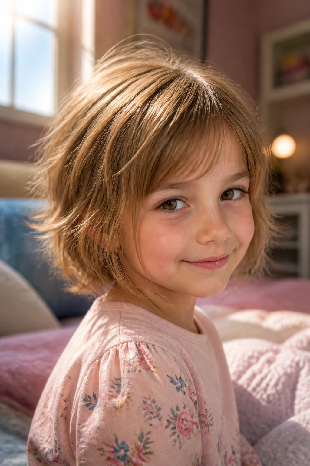 Close-up of a young girl with chin-length shag haircut in a sunlit room