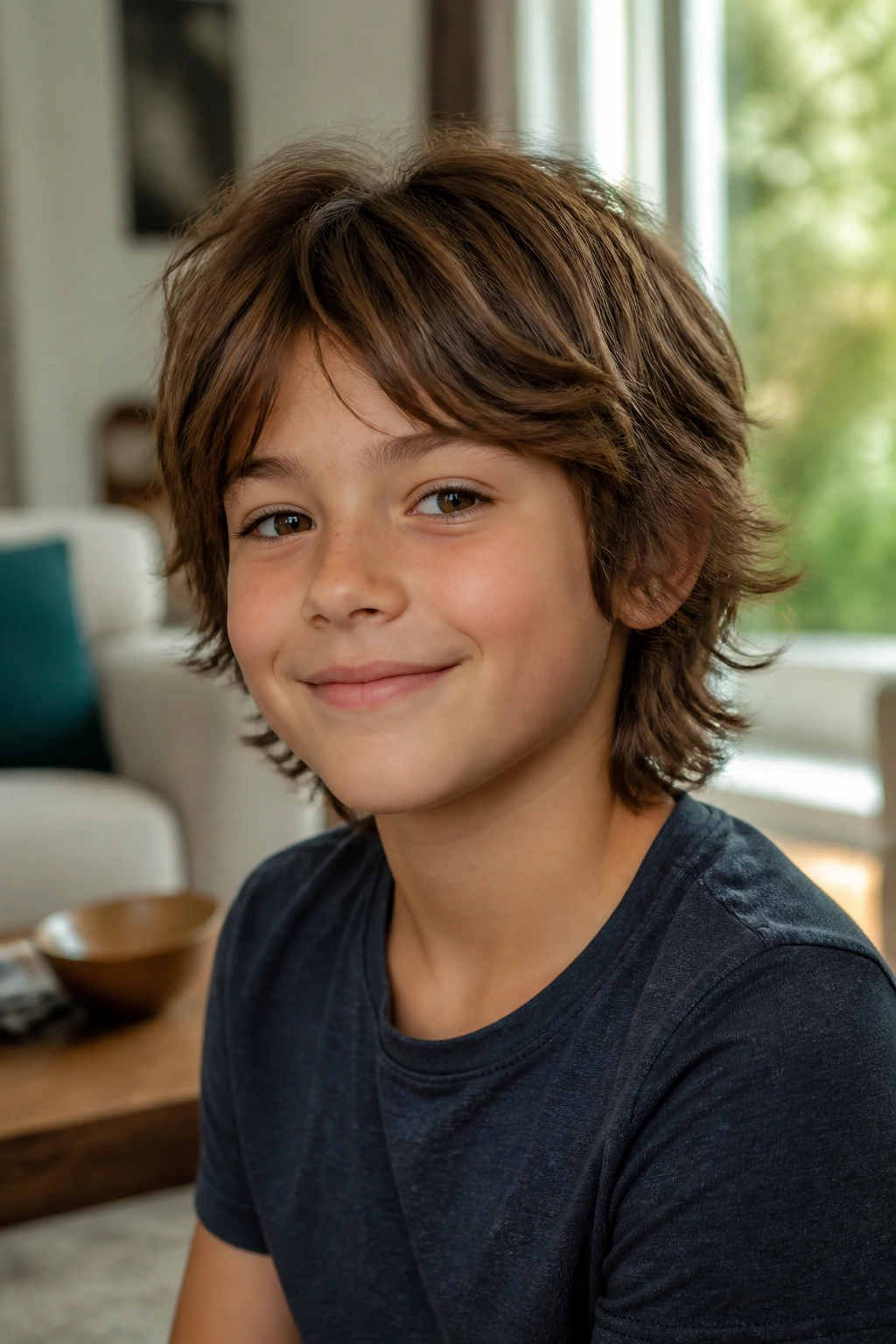 Close-up of child with layered short shag in a sunlit living room