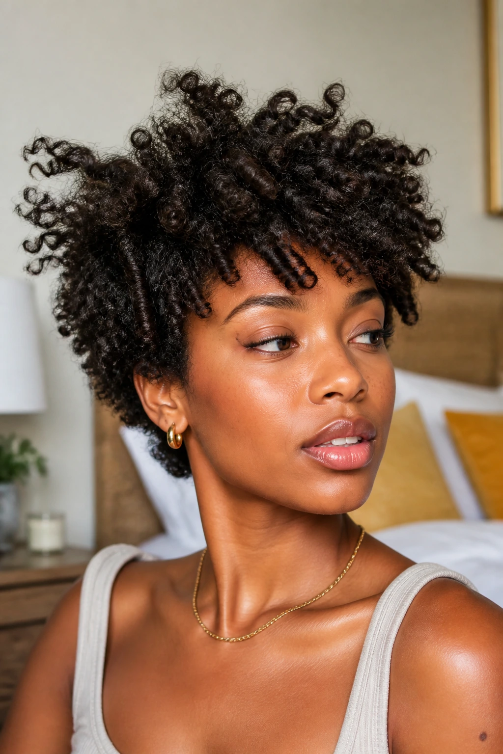 Close-up portrait of a real Black woman with a short shag on coils moving in window light