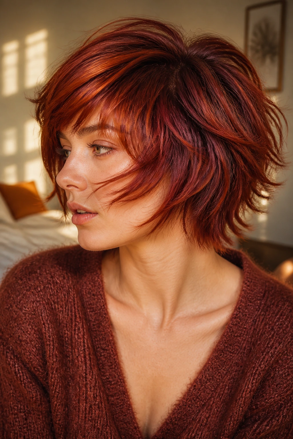 Close-up of real person with short shag in copper, auburn and burgundy tones