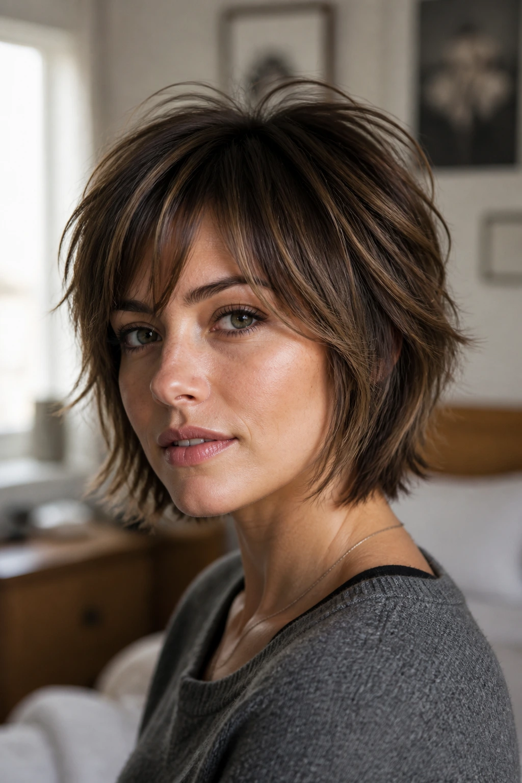 Close-up portrait of a real woman with a short shag hairstyle showing crown lift and blunt ends