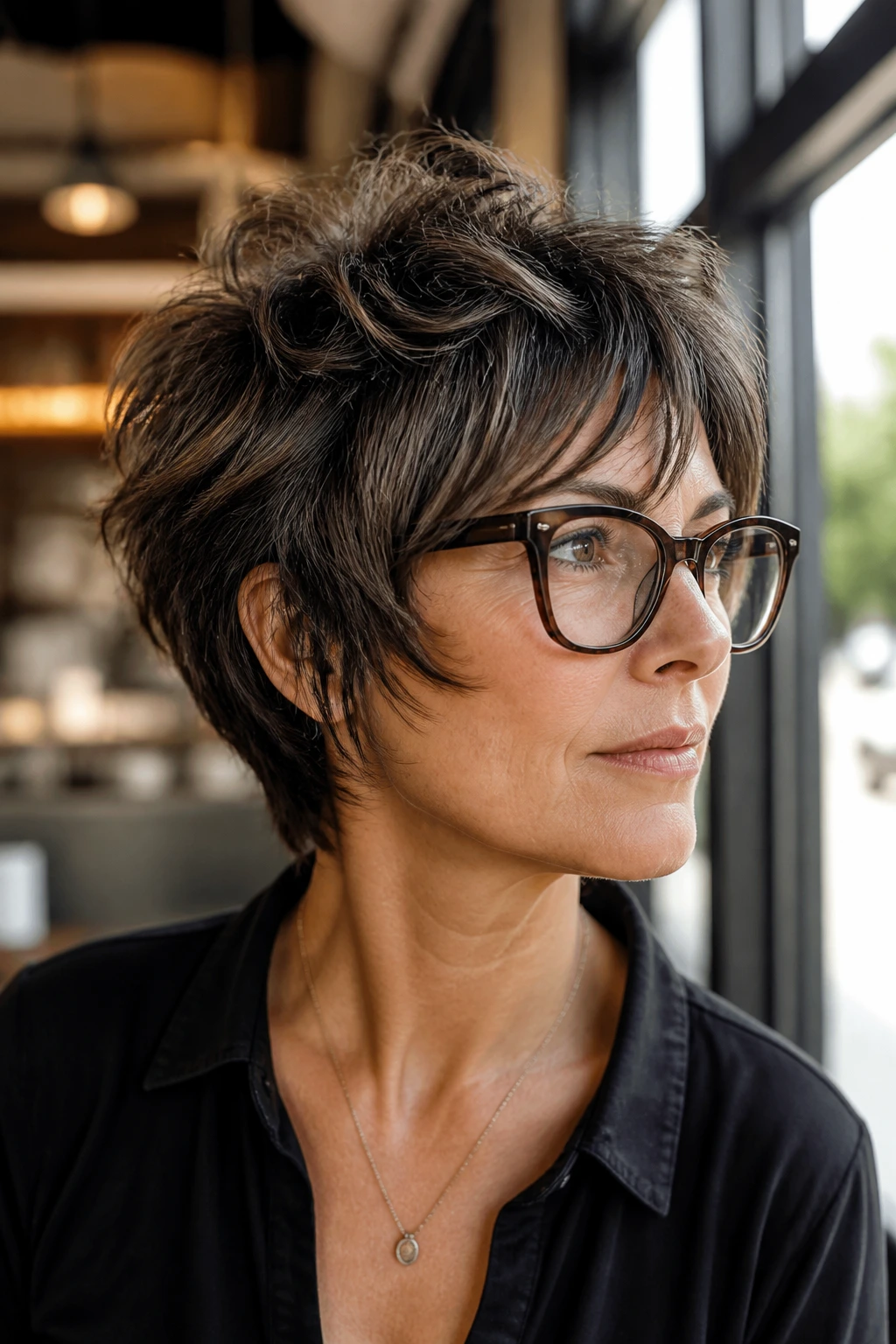 Close-up of a real woman with short shag and crown texture wearing angular glasses
