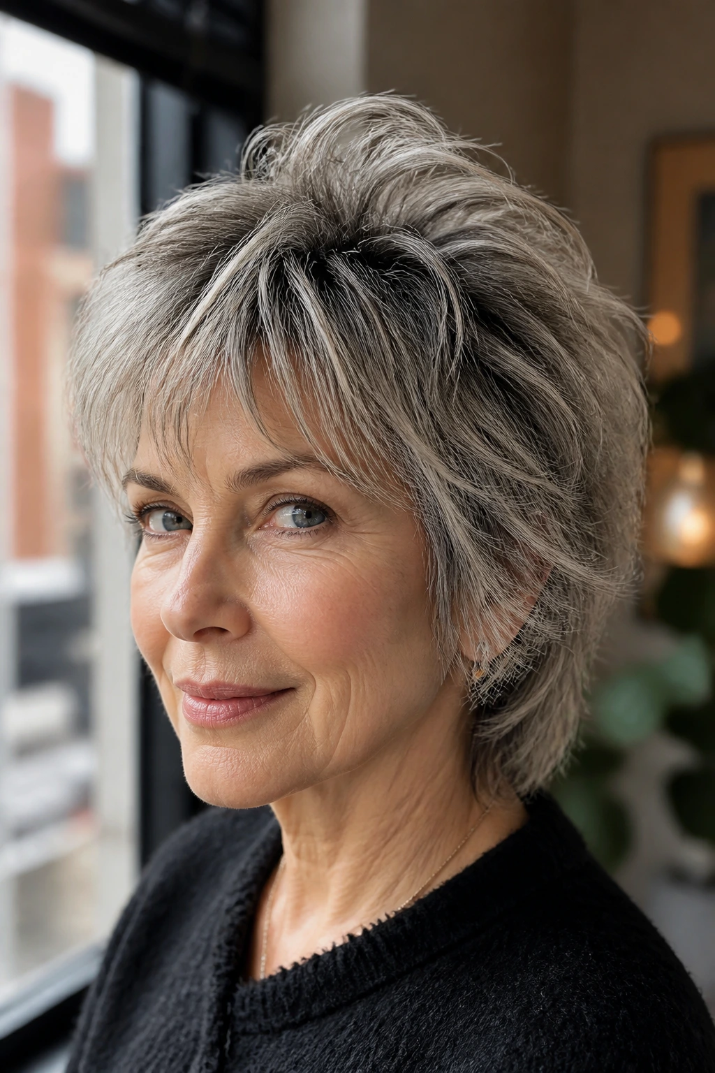 Real woman with short shag showing crown volume, in natural indoor light