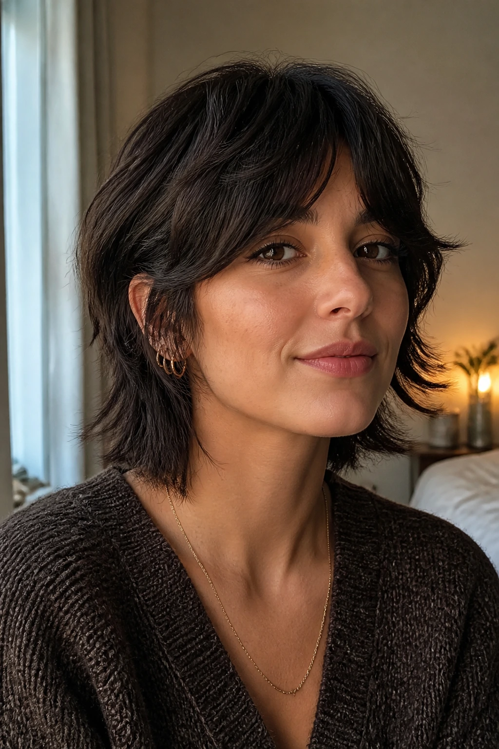 Close-up portrait of a real person with short shag and side-falling curtain bangs in a softly lit bedroom