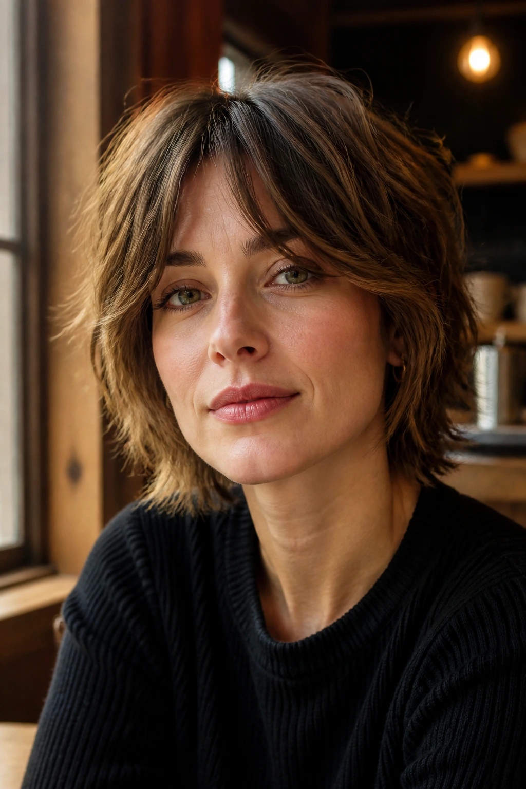 Close-up portrait of a real person with a short shaggy haircut and curtain bangs in warm cafe light