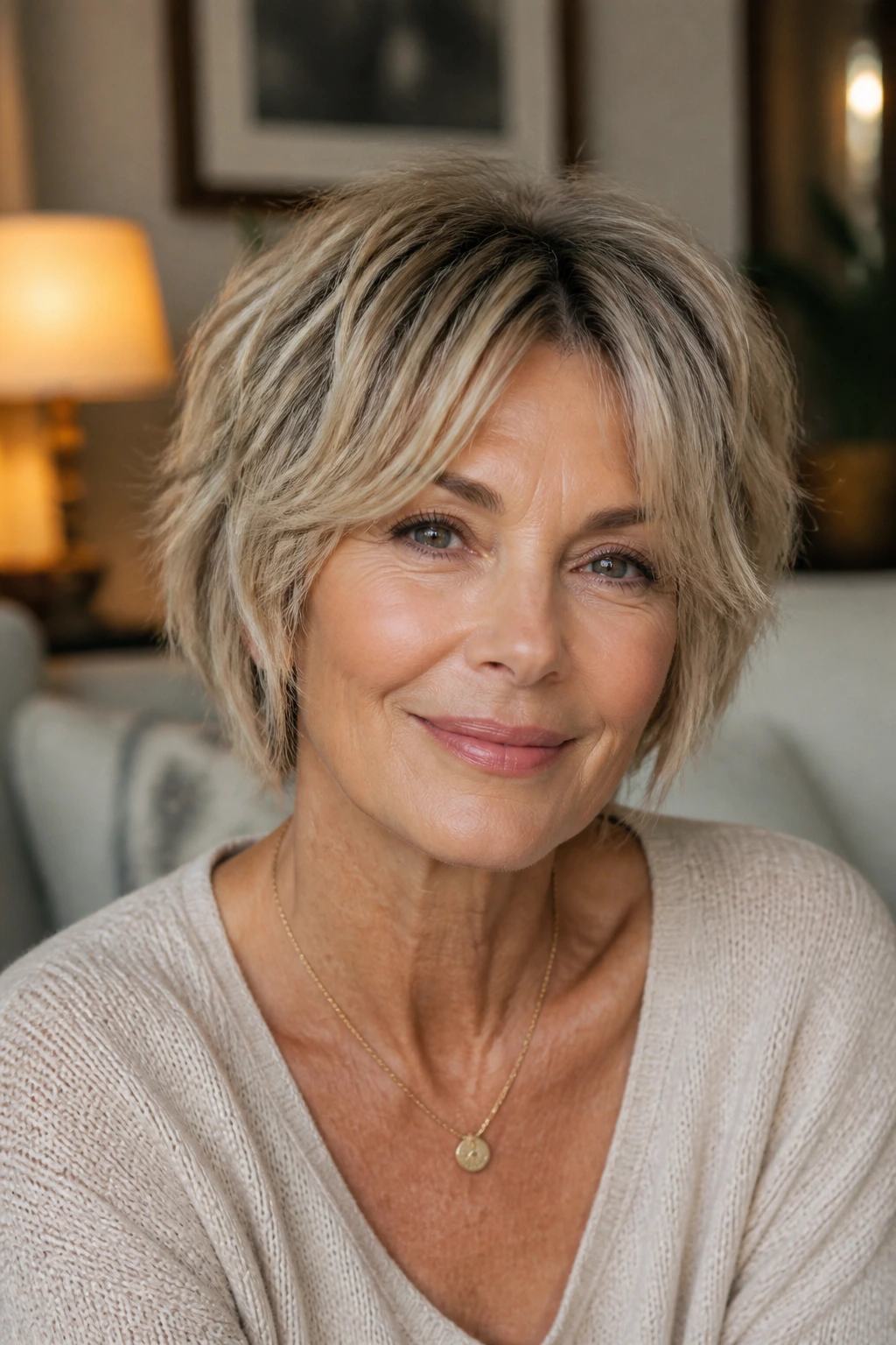 Close-up of an older woman with short shag and curtain bangs in a warm living room.