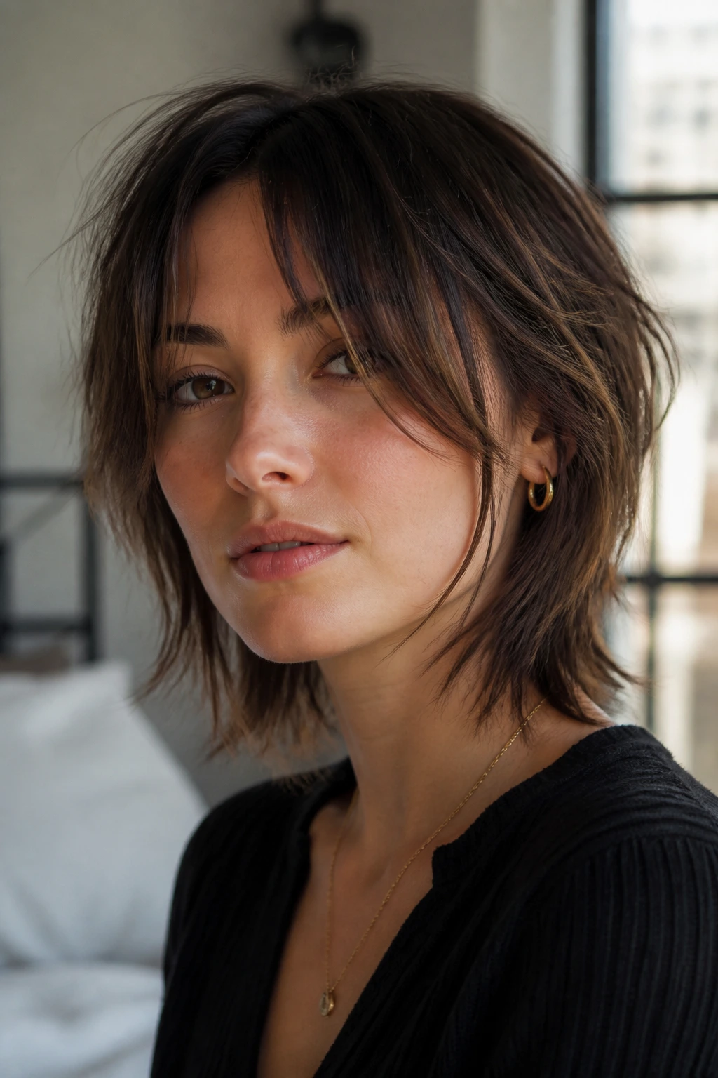 Close-up portrait of a real person with air-dried short shag and long curtain bangs