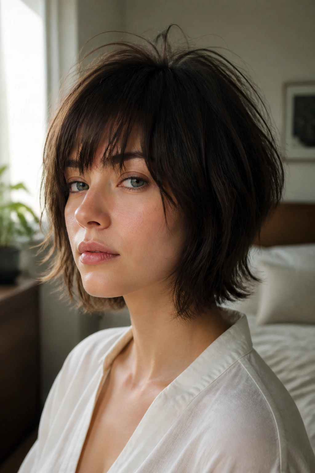 Close-up of a real woman’s short shaggy cut with bangs, lifted crown and bent ends in natural window light