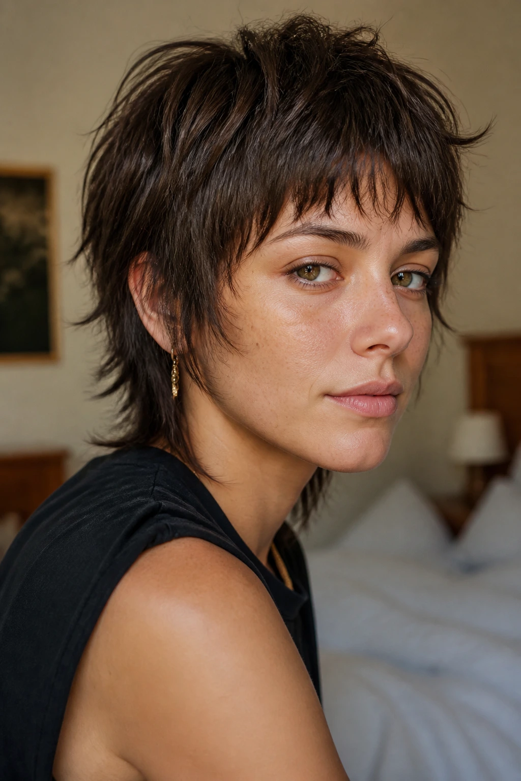 Close-up portrait of a real person with a short shag hairstyle showing texture and movement