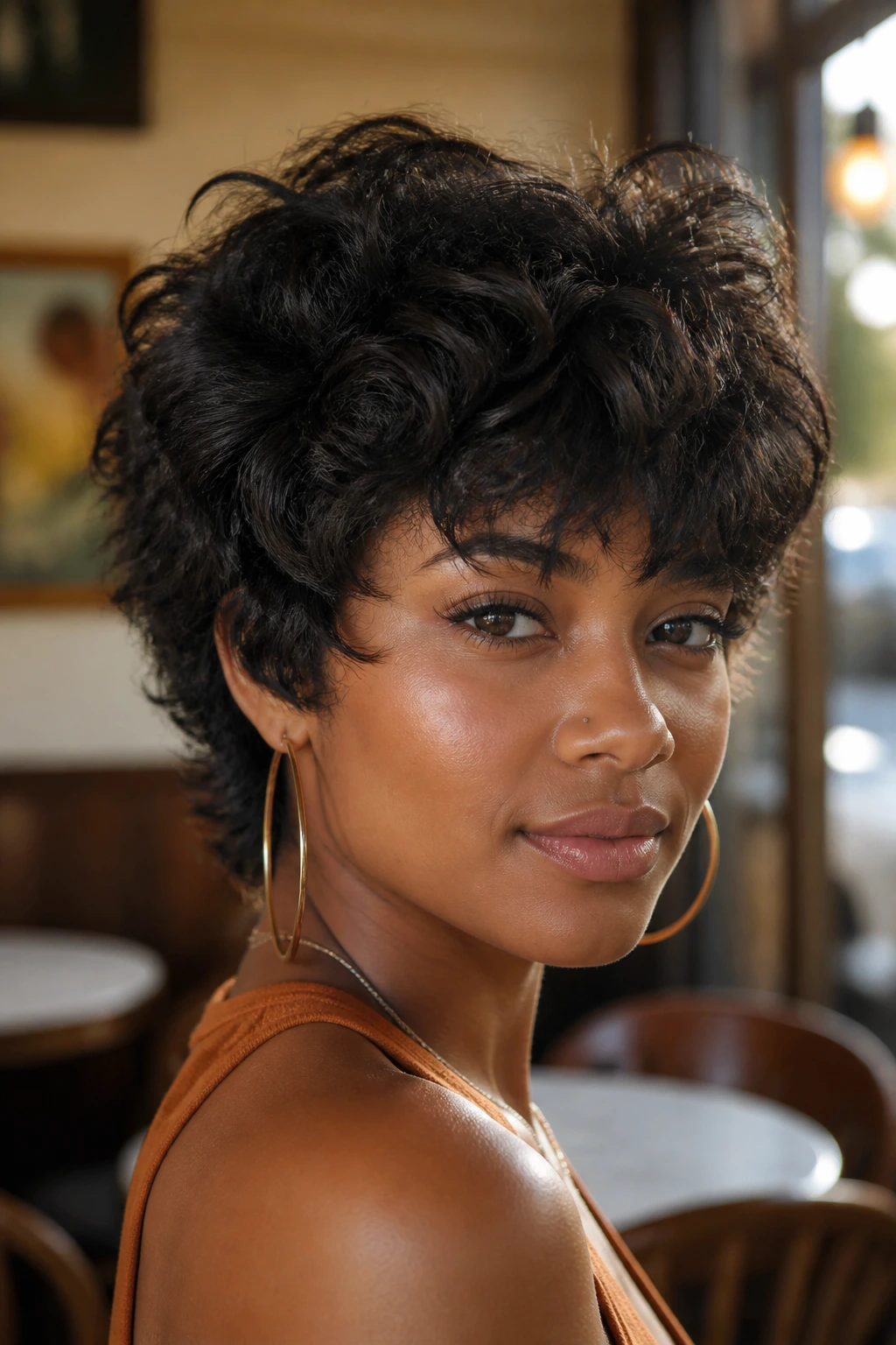 Close-up of a real Black person with a versatile short shag showing edge and movement