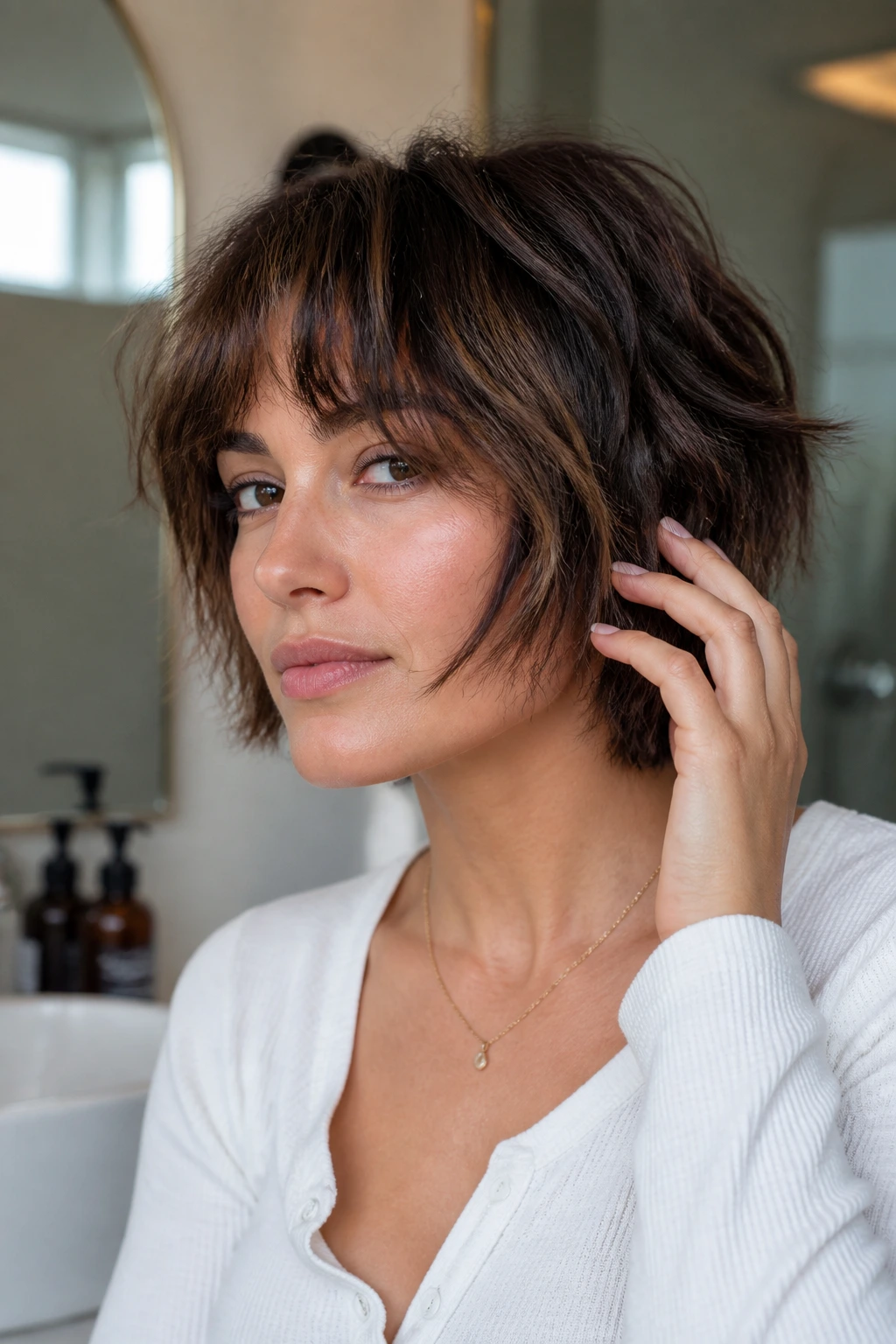 Close-up portrait of a real person with a short shag showing cheekbone-framing front pieces in a cozy bathroom light