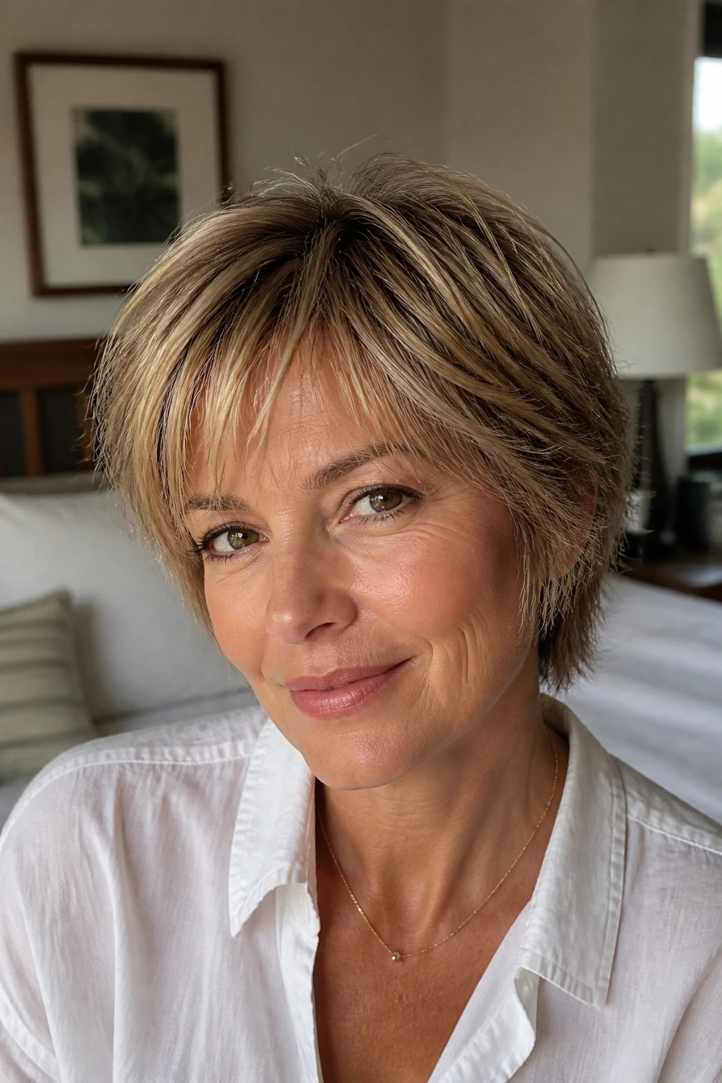 Close-up portrait of a real woman with a feathered fringe and short shag in warm window light