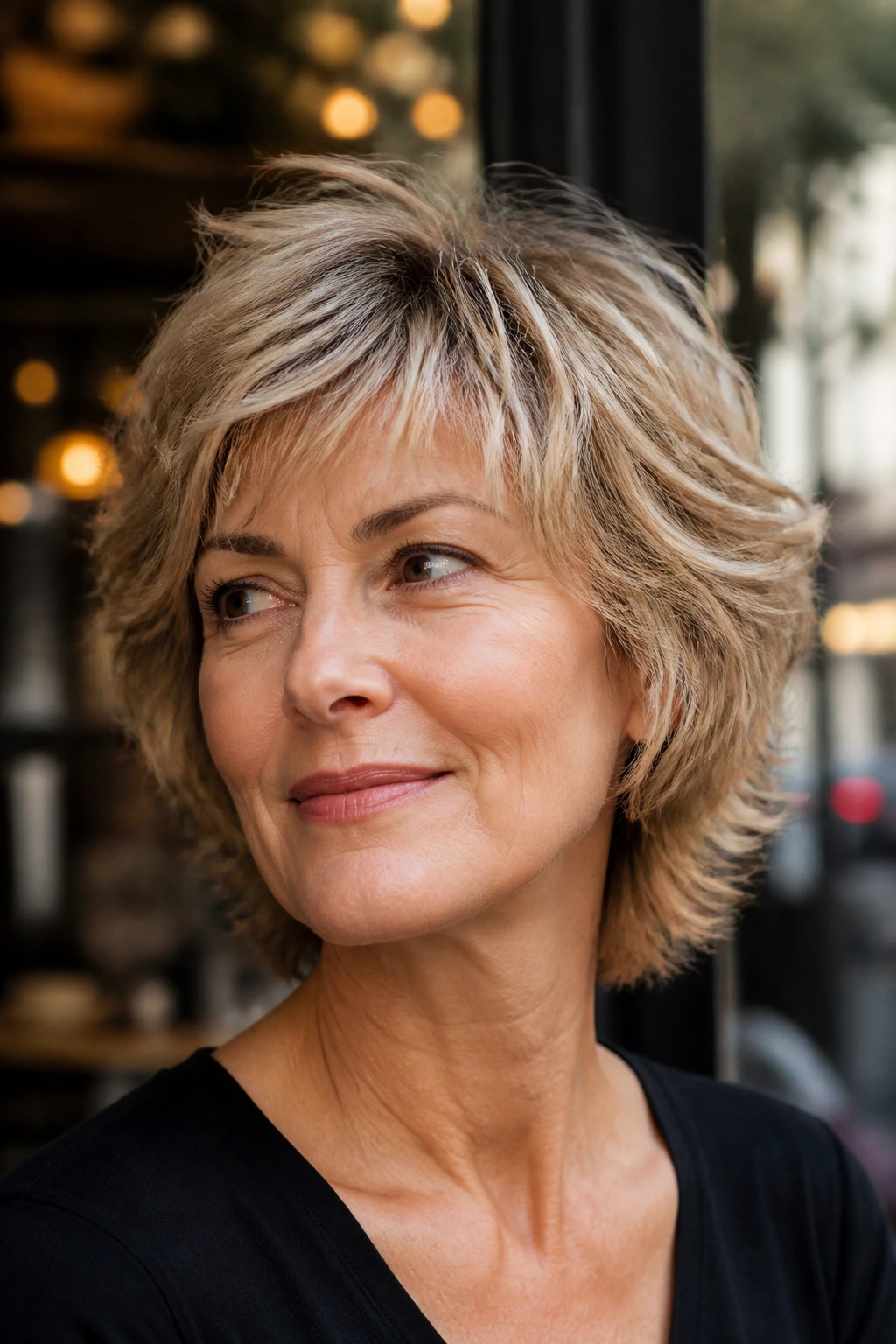 Close-up of a real woman with a tousled feathered short shag hairstyle in natural light
