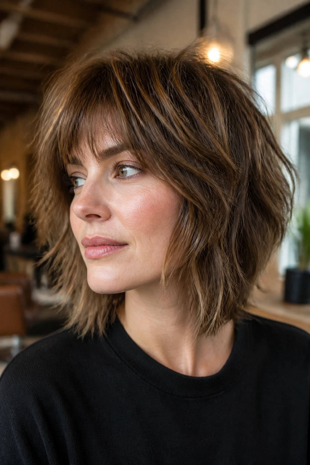 Close-up portrait of a real person with short shag haircut for fine hair, showing clean edge and soft layers.