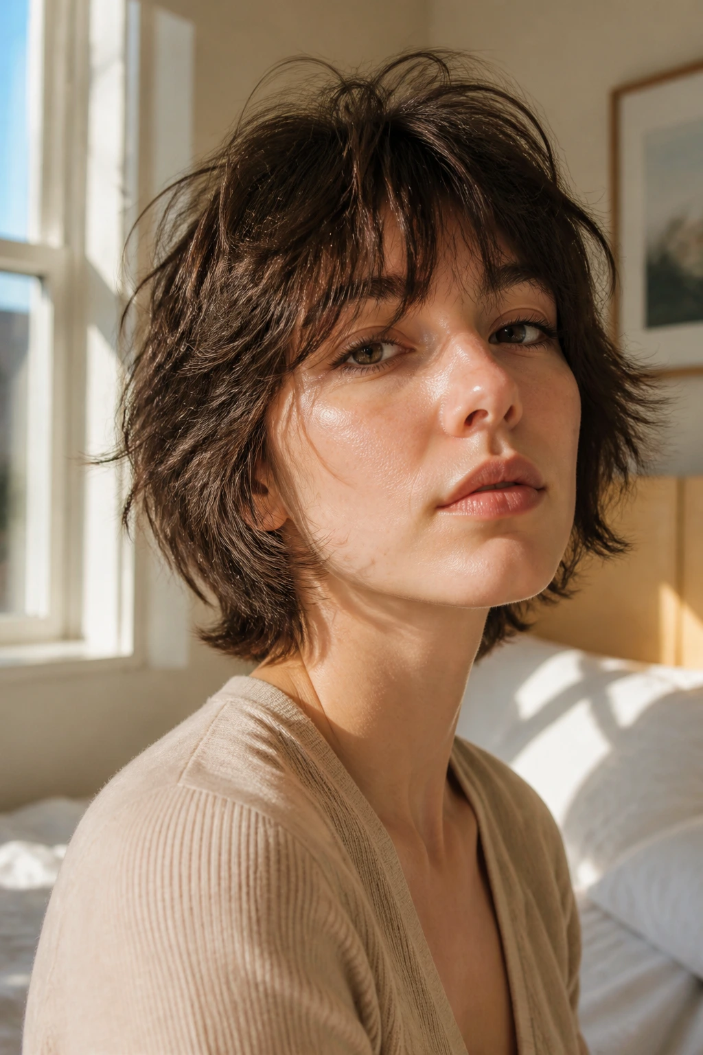 Close-up portrait of a real woman with a short shag haircut showing choppy crown layers