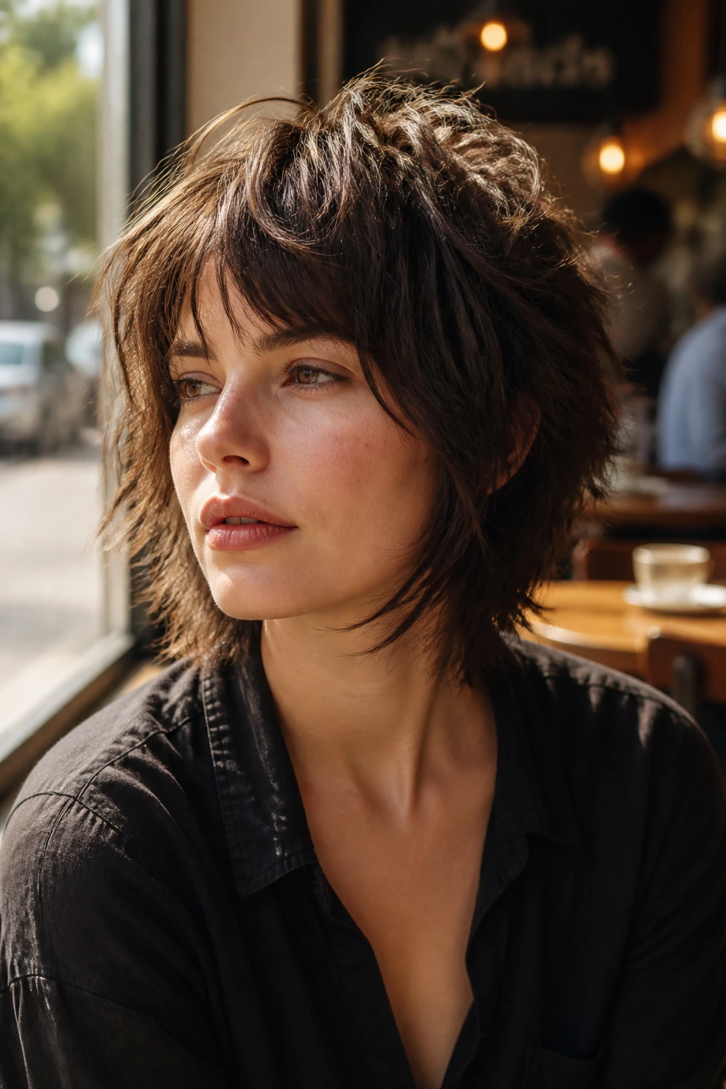 Close-up portrait of a real woman with a short shag haircut, showing movement and texture