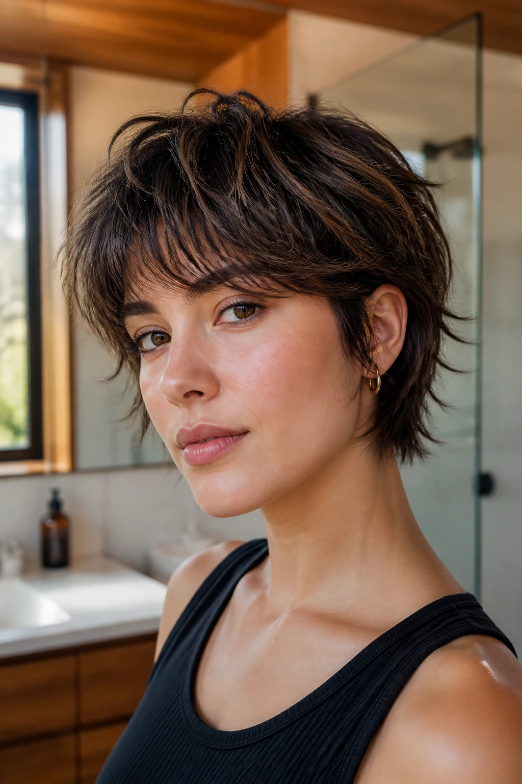 Portrait of a person with a crisp, modern short shag haircut.