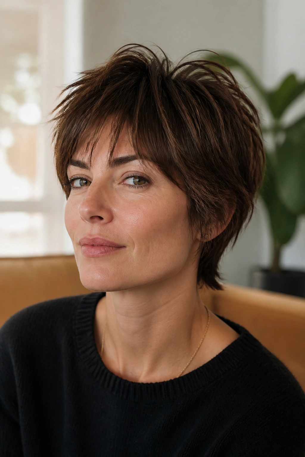 Close-up portrait of a real woman with a short shag haircut featuring feathered fringe and defined crown