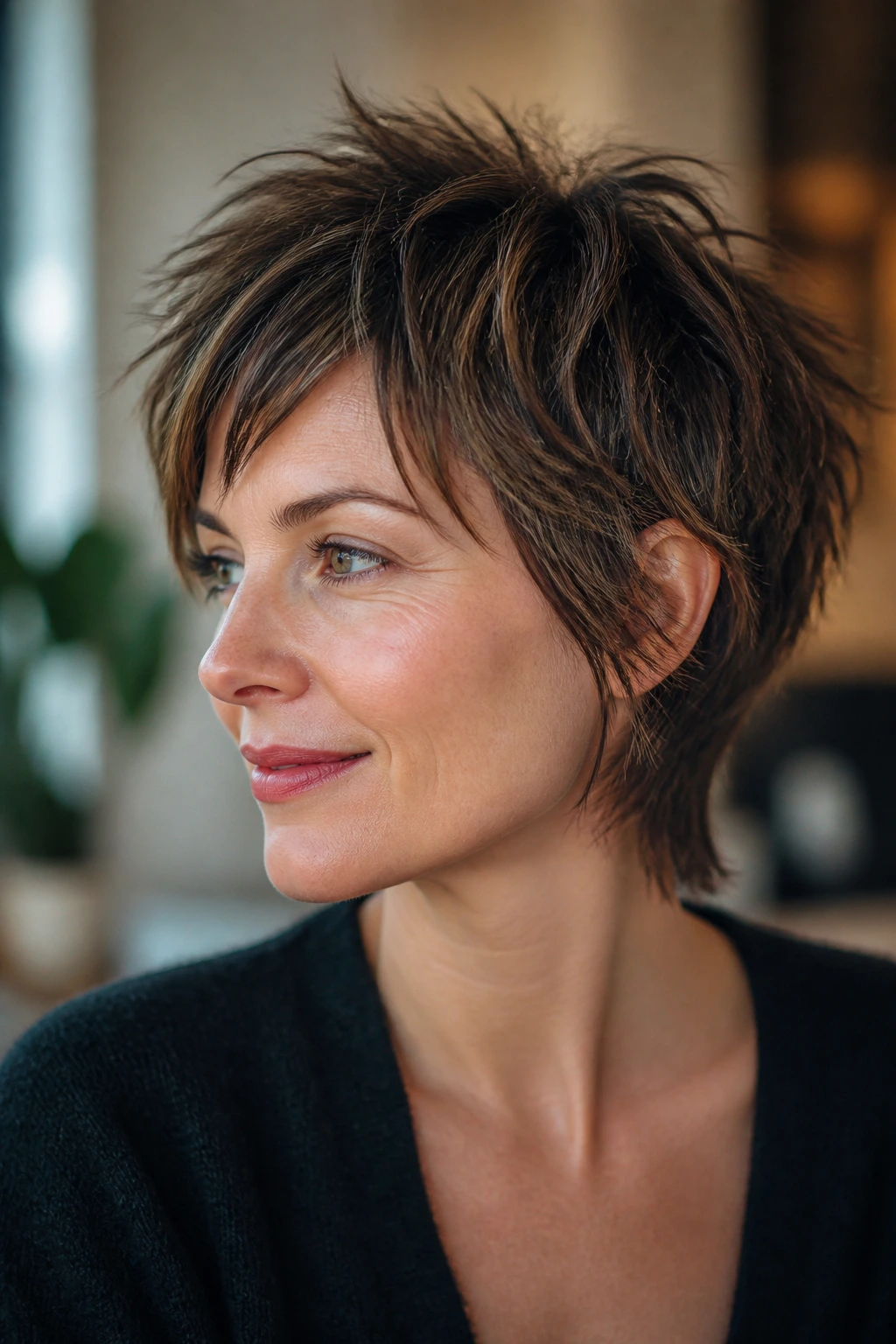 Portrait of a real person with a short shag showing crown lift