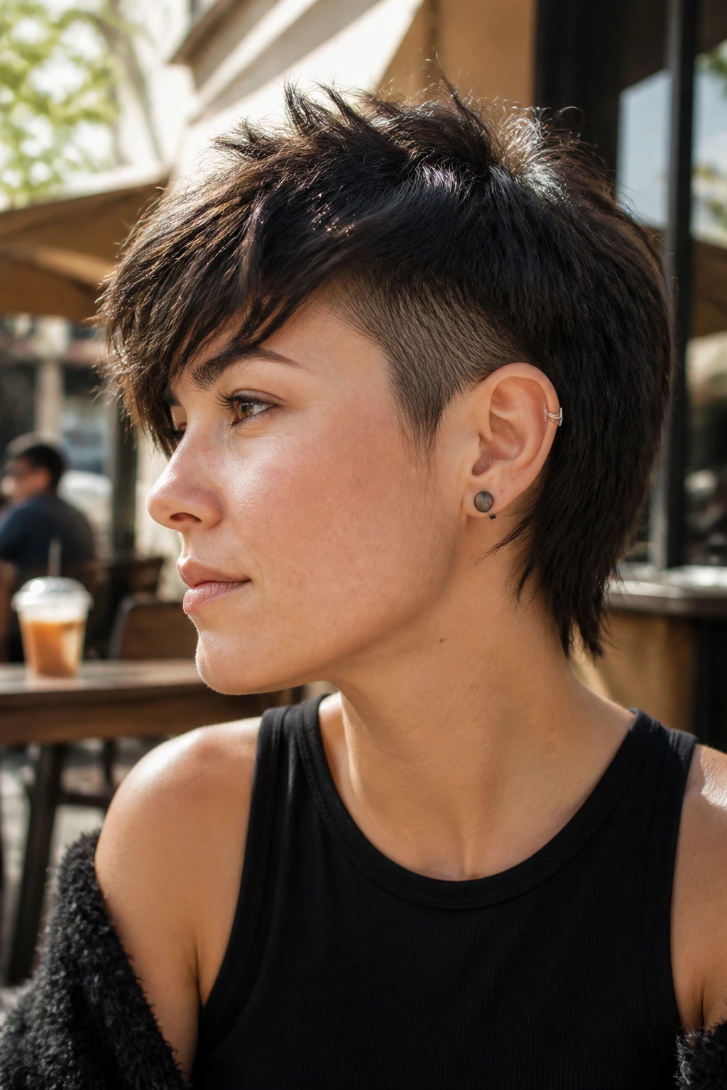 Portrait of a woman with short shag and hidden side shave