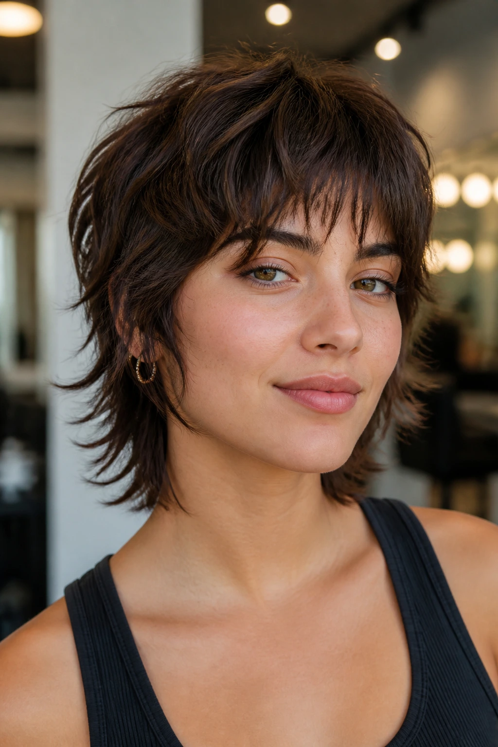 Close-up of a person with a short shag haircut showing defined perimeter and movement