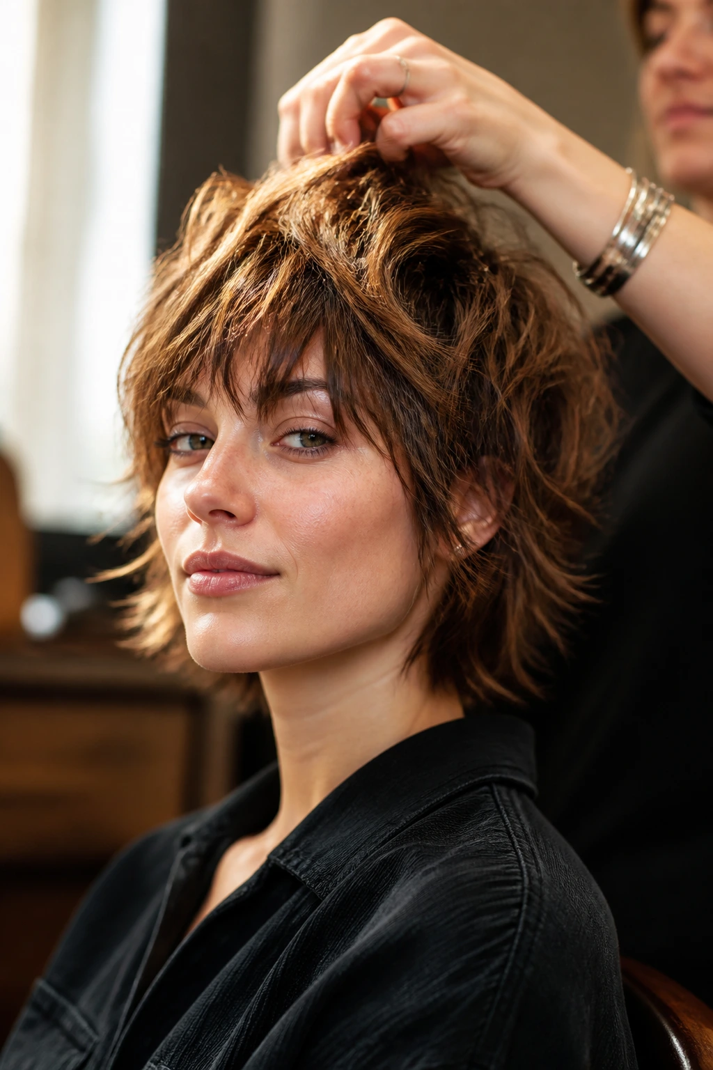 Portrait of a real person with short shag showing crown lift and layered texture during styling.